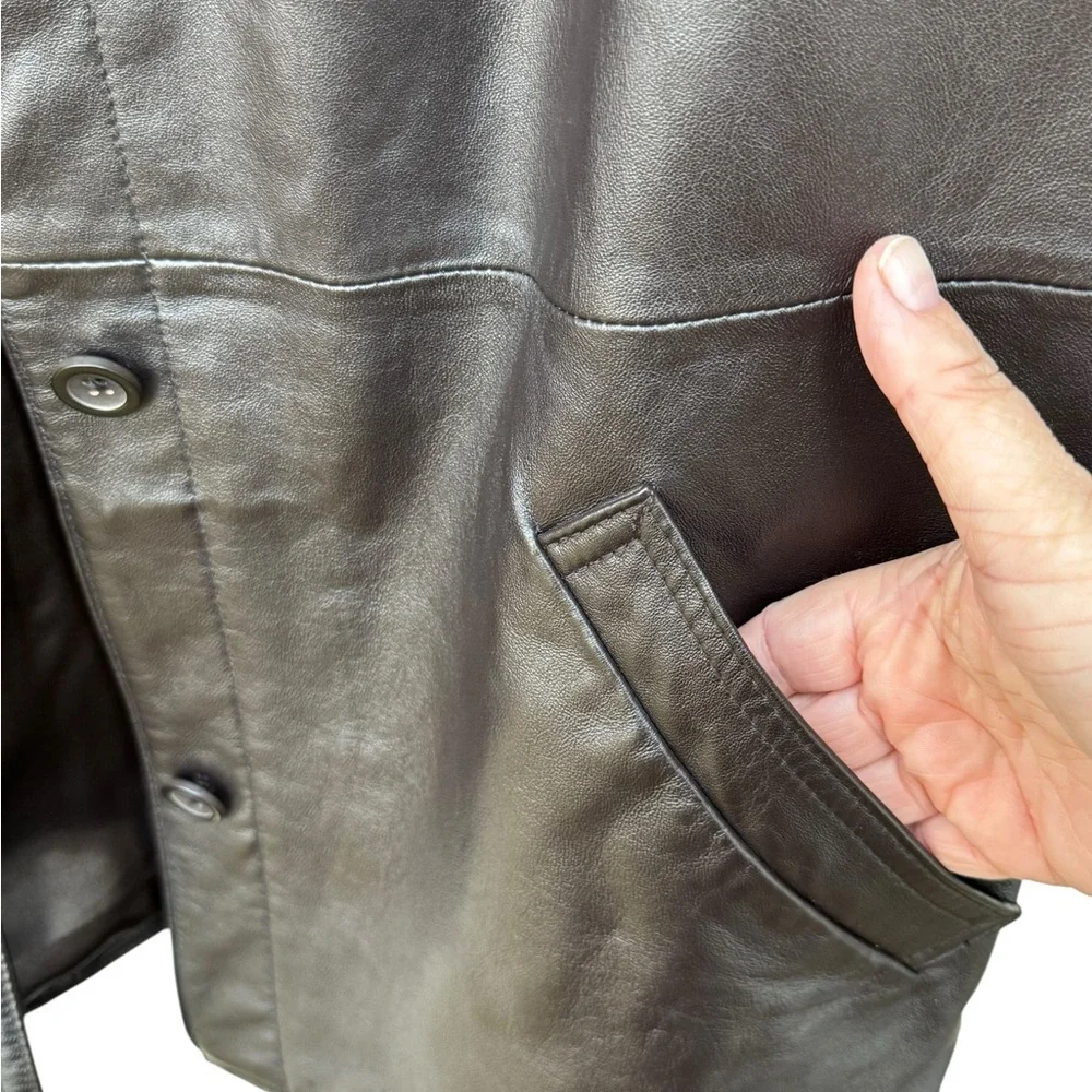 Leather Brown Button-Front Coat size 2X - Picture 3 of 12